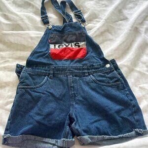 Levis Denim Shortalls Bib Overalls Girls 16R Logo Raw Hem Adjustable Straps Blue